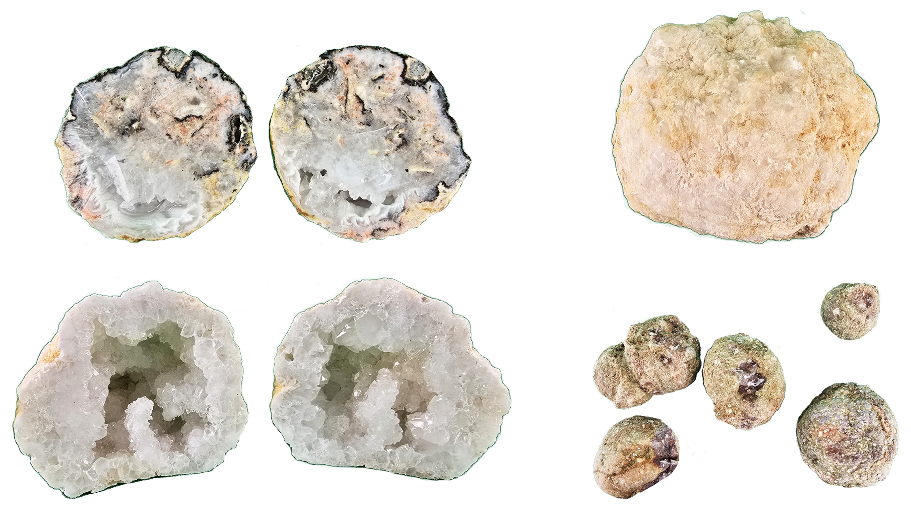 Category-Geodes that shows some cut and polished geode pairs with quality polish, and other whole geodes.