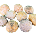 Mrcn geodes-1 A pile of 9 large Moroccan Geodes unopened, with tan, to grey and spots of black on their exterior.