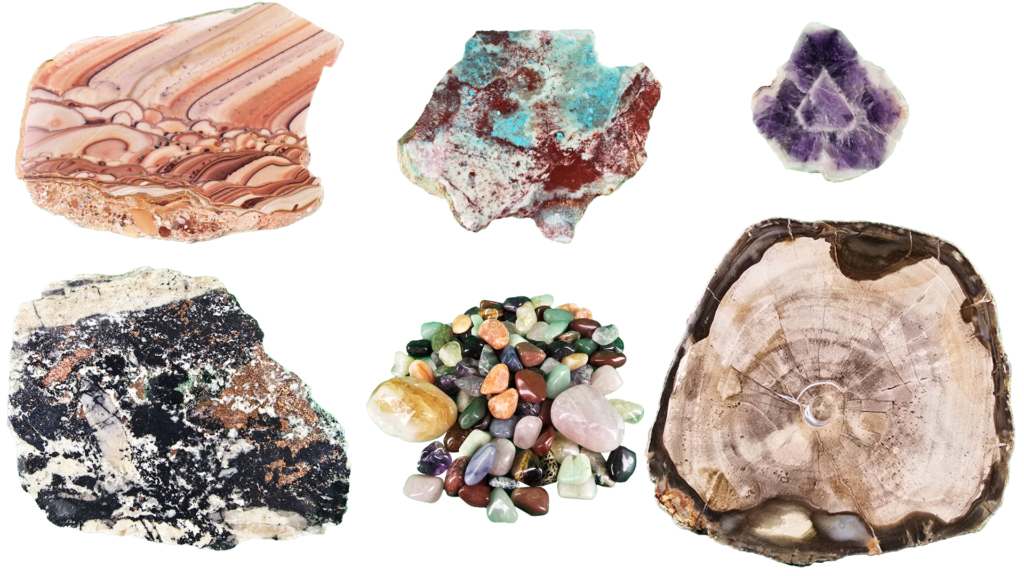 Category slabs and polished stones, showing a variety of stone slabs and tumbled stones.