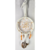 A white dream catcher with quartz crystals and feathers.