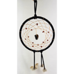 A black dream catcher with a chunk of tiger's eye as the centerpiece, with smaller stones woven around the center, and draped with feathers.