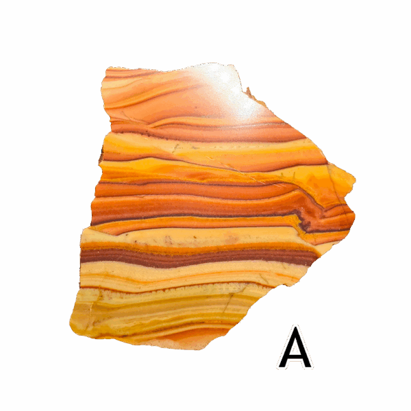 Wave Dolomite display slab displaying tan, red, orange, brown banding with a brilliant polish.