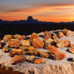 A group shot of many Arizona petrified wood chunks showing a range of brownish red, tans, some with complex coloring. They are on display on a rock in the desert with a sunset in the background.