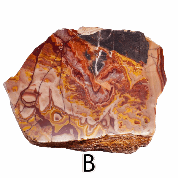Wave Dolomite display slab displaying tan, red, orange, brown design with a brilliant polish.