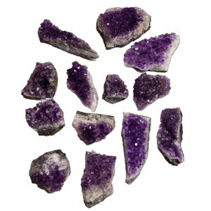 'A' grade amethyst Amethyst cluster group shot, showing deep purple and a white background.