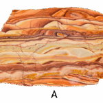A polished slab of wave dolomite with intricate wavy patterns in the stone, colors ranging from red to beige. Labeled A.