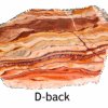 A polished slab of wave dolomite with intricate wavy patterns in the stone, colors ranging from red to beige. Labeled D-back.