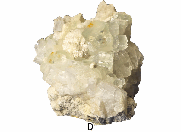 A green apophyllite mineral specimen, with cube crystal structures.