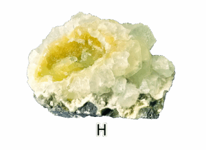 A mineral specimen of green apophyllite, with crystal structures that have a yellow and green tinge.