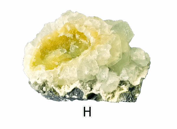 A mineral specimen of green apophyllite, with crystal structures that have a yellow and green tinge.