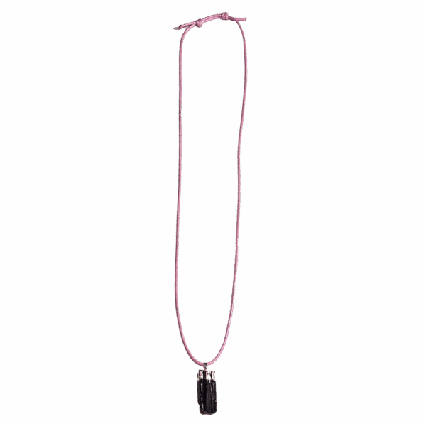 Black Tourmaline silver plated cap and bail pendant with pink wax cord adjustable necklace with white background. Showing the full sized necklace.