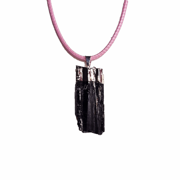 Black Tourmaline silver plated cap and bail pendant with pink wax cord adjustable necklace with white background.