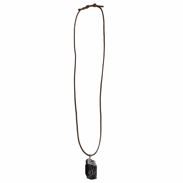Black Tourmaline silver plated cap and bail pendant with brown wax cord adjustable necklace with white background. Showing the full sized necklace.