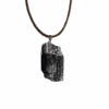 Black Tourmaline silver plated cap and bail pendant with brown wax cord adjustable necklace with white background.