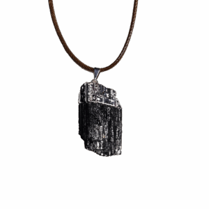 Black Tourmaline silver plated cap and bail pendant with brown wax cord adjustable necklace with white background.