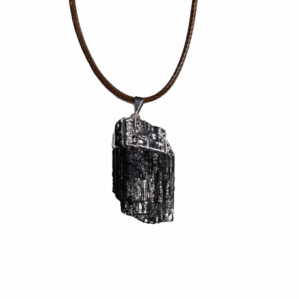 Black Tourmaline silver plated cap and bail pendant with brown wax cord adjustable necklace with white background.