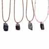 Black Tourmaline silver plated cap and bail pendants showing 4 total in a row, 3 with brown wax cord adjustable necklaces, one with pink.