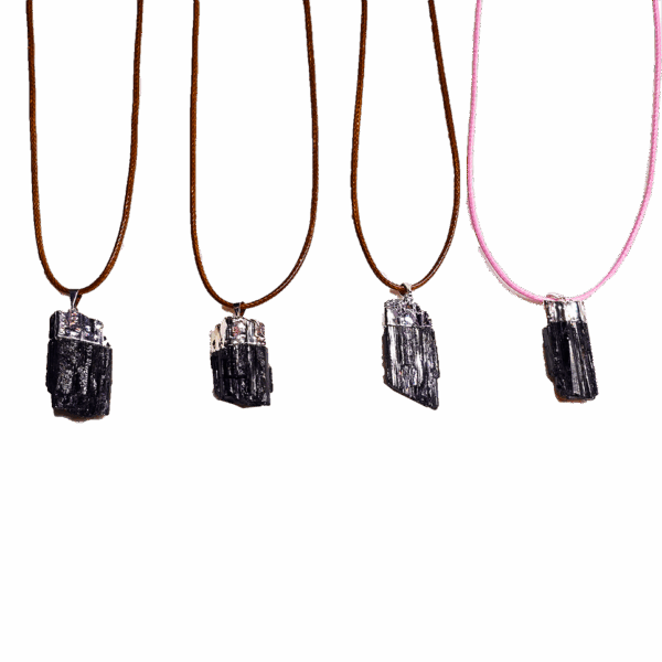 Black Tourmaline silver plated cap and bail pendants showing 4 total in a row, 3 with brown wax cord adjustable necklaces, one with pink.