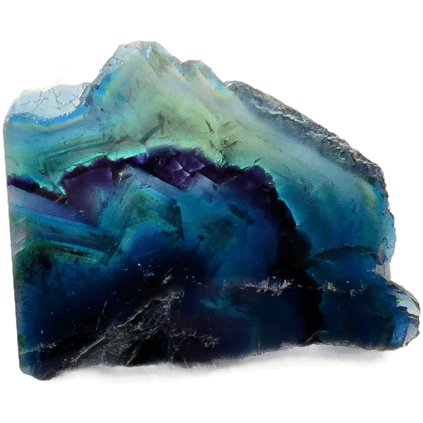 Large blue fluorite slab with blue and light blue hues with banding.