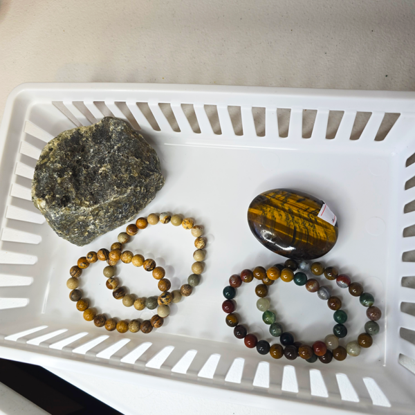 Basket #1 Tiger's Eye Palm, Picture Jasper Bracelets, Ocean Jasper Bracelets, Labradorite Rough
