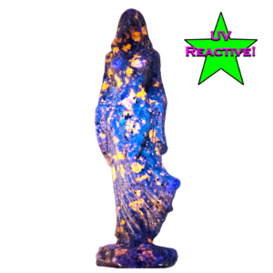 20260908_175857 Yooperlite Lady Death carving measuring 7.25 inches tall with dark coloring and orange UV-reactive orange spotting