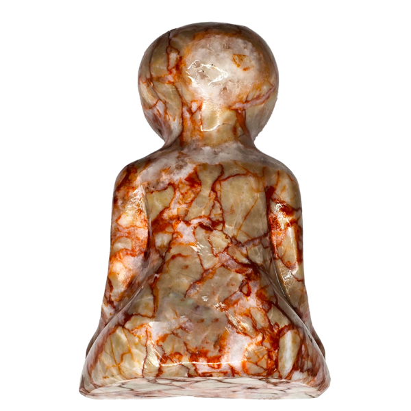 20260909_110419 Back side of sitting Alien Jasper carving measuring 4.75 inches tall with beige and cream coloring and natural red marbling