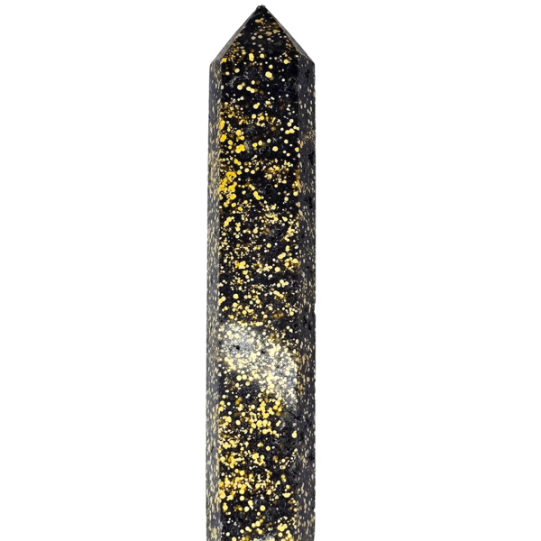 20260909_110434 Spotted Jasper tower measuring 5.75 inches tall with mainly black coloring and distinctive yellow spotting