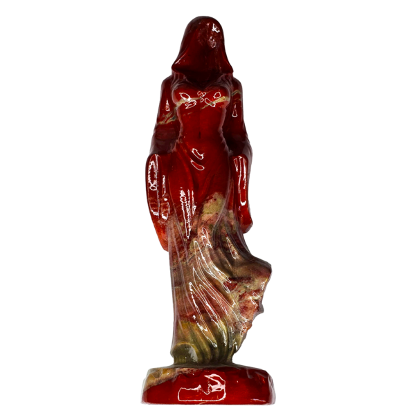 20260909_110551-Recovered Jasper Lady Death carving measuring 7.25 inches tall with red coloring and natural beige marbling