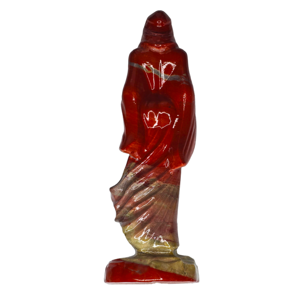 20260909_110619-Recovered Jasper Lady Death carving measuring 7.25 inches tall with red coloring and natural beige marbling