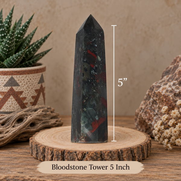ff28fa72-1b29-4543-ac99-1a077c4d26b5 Bloodstone crystal tower measuring 5 inches tall with dark green coloring, red inclusions, and natural variations